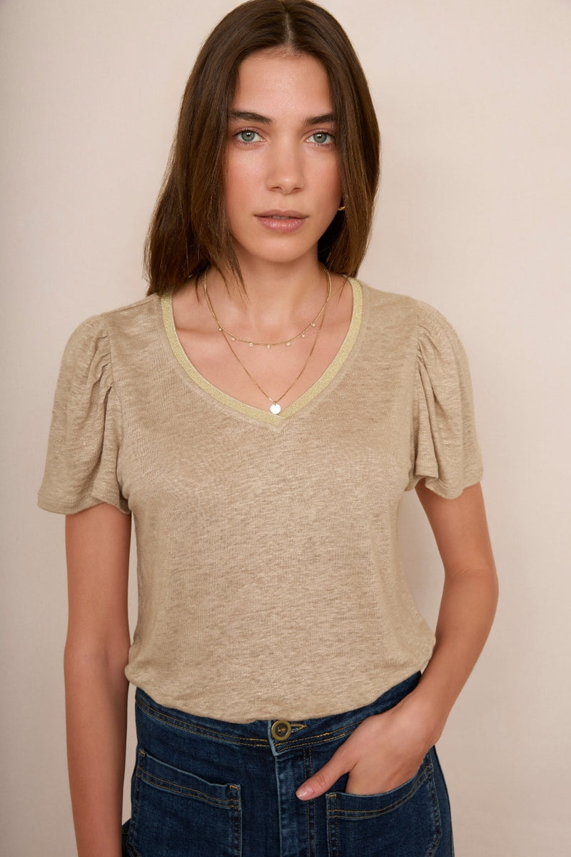 Lily Shimmer Trim Linen Tee - Oat/Gold