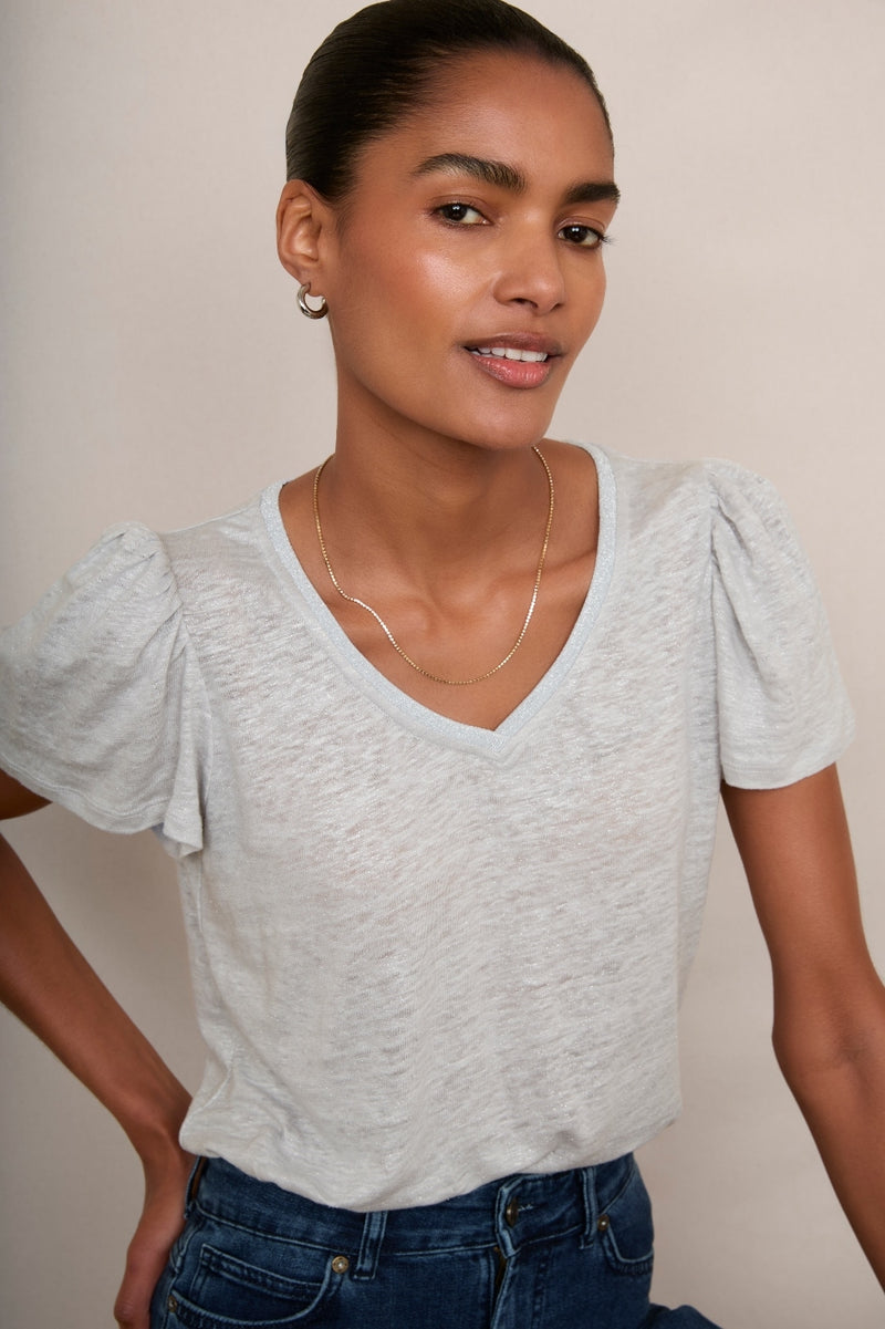 Lily Shimmer Trim Linen Tee - Silver