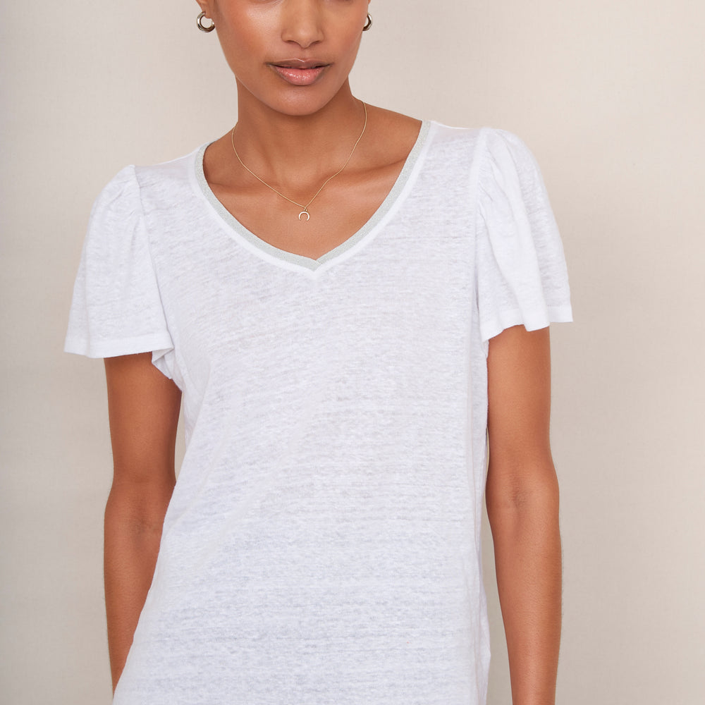 Lily Shimmer Trim Linen Tee - White/Silver