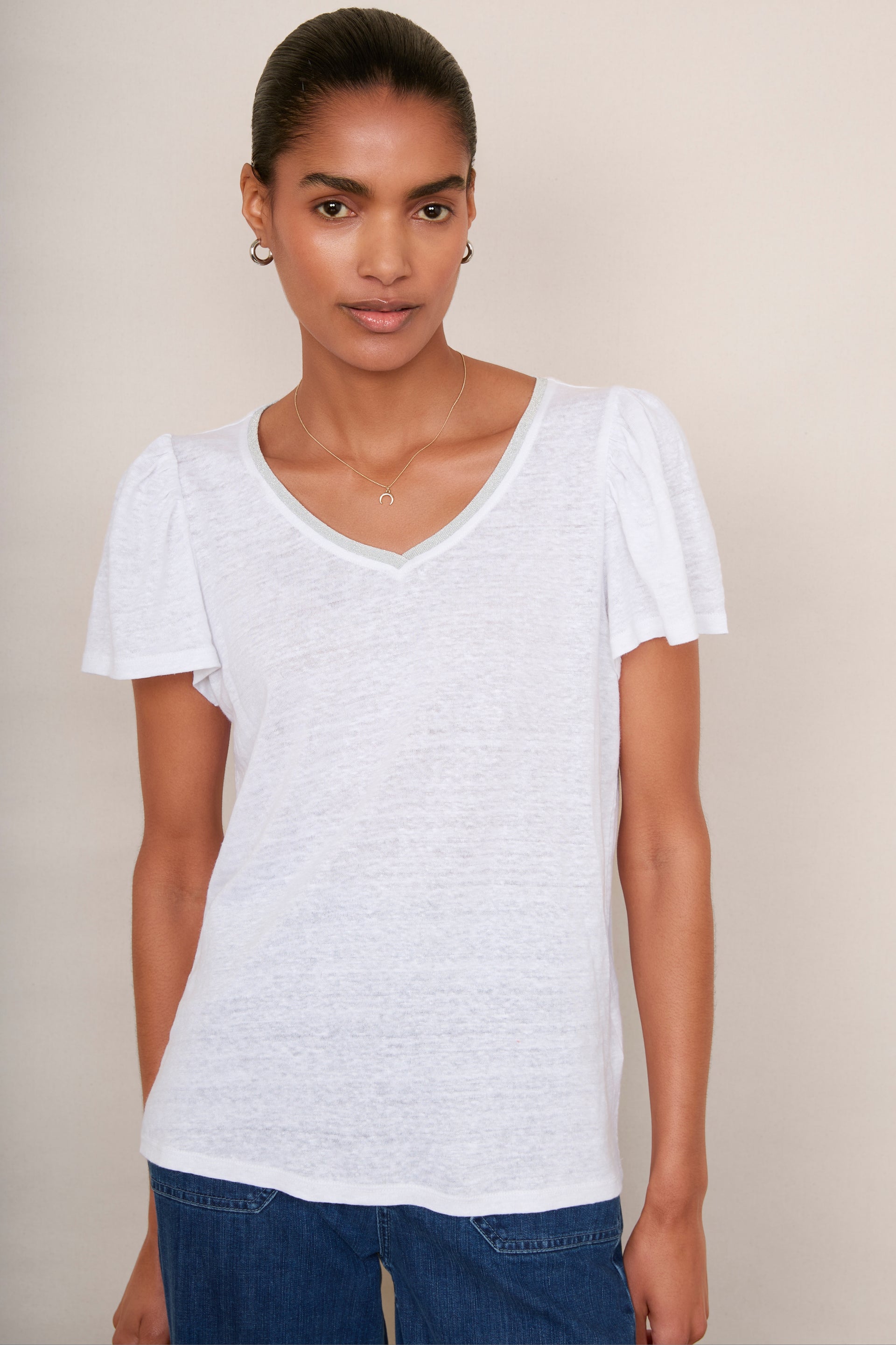 Lily Linen Tee Shimmer Trim White/Silver WYSE London