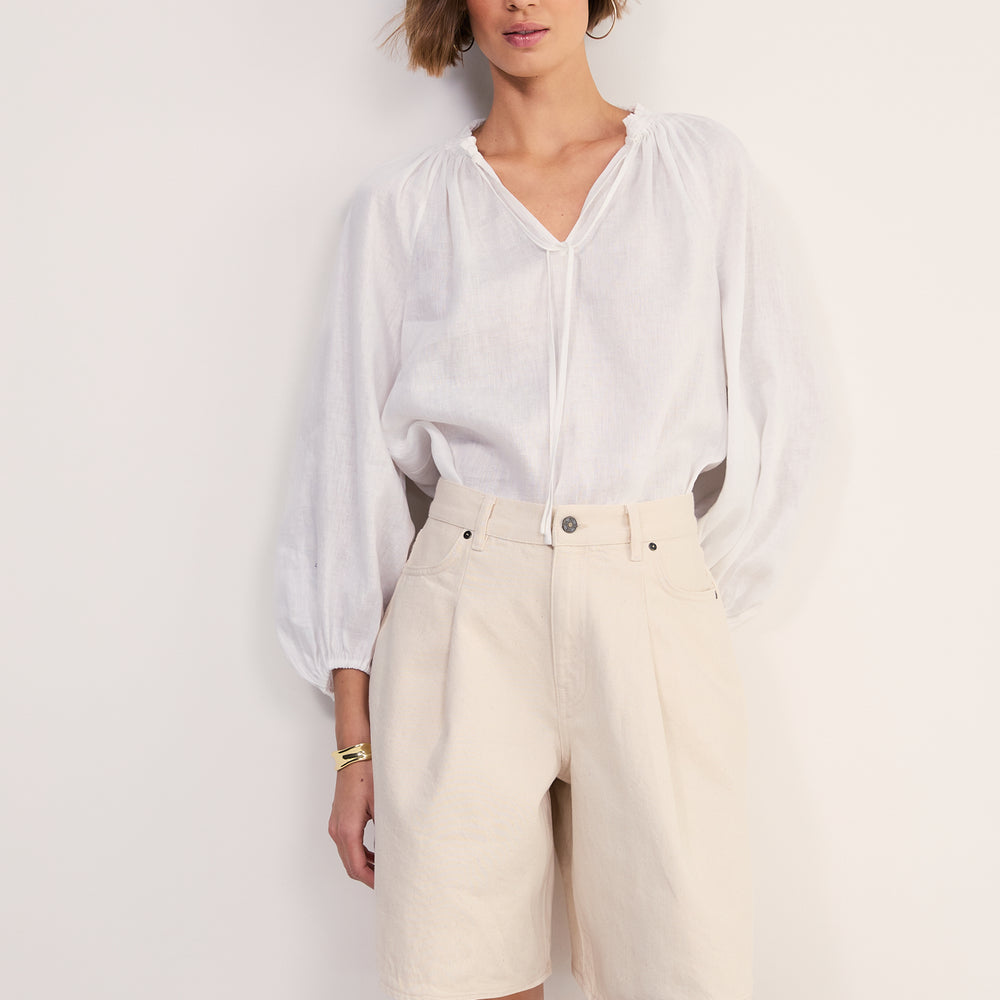 Lula Pleat Front Denim Long Short - Ecru