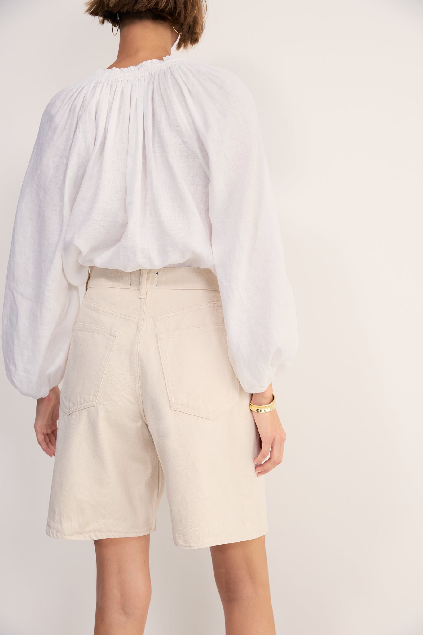 Lula Pleat Front Denim Long Short - Ecru