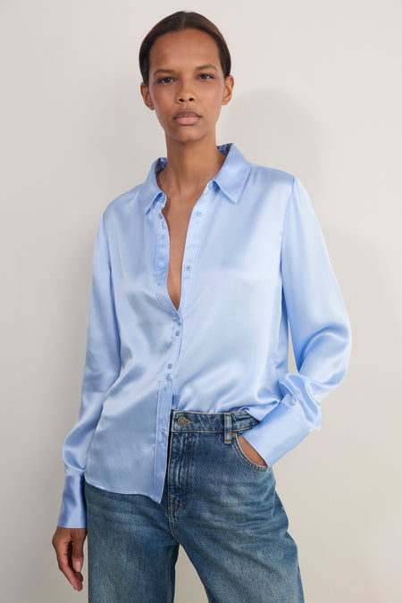 Madeleine Silk Satin Blouse - Sky Blue