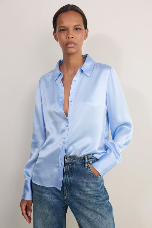 Madeleine Silk Satin Blouse - Sky Blue