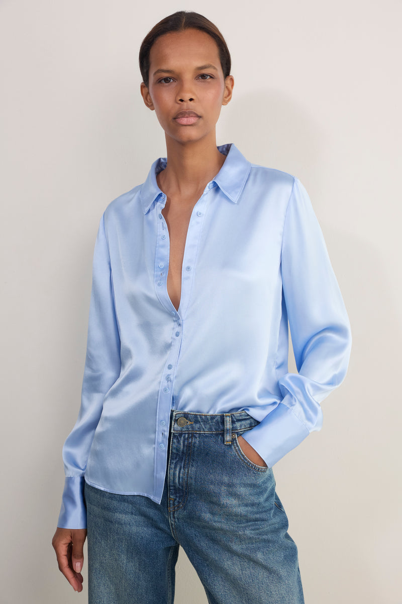 Madeleine Silk Satin Blouse - Sky Blue