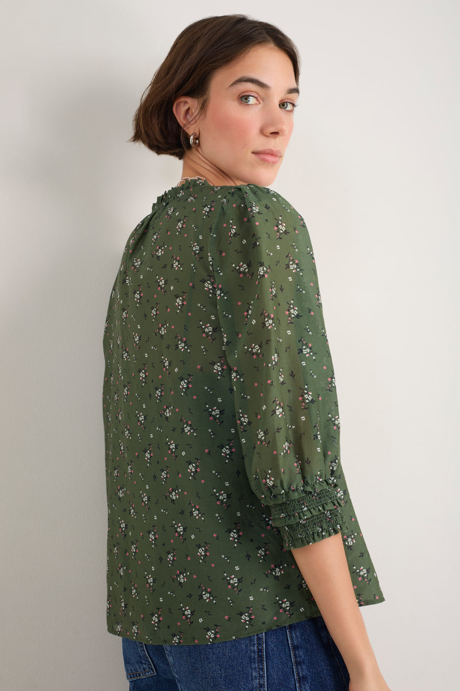 Maeve Silk Blend Blouse - Deep Olive Sprig Floral