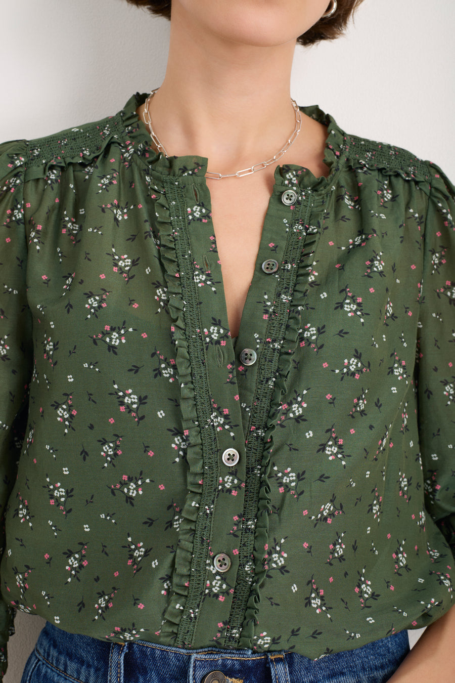 Maeve Silk Blend Blouse - Deep Olive Sprig Floral