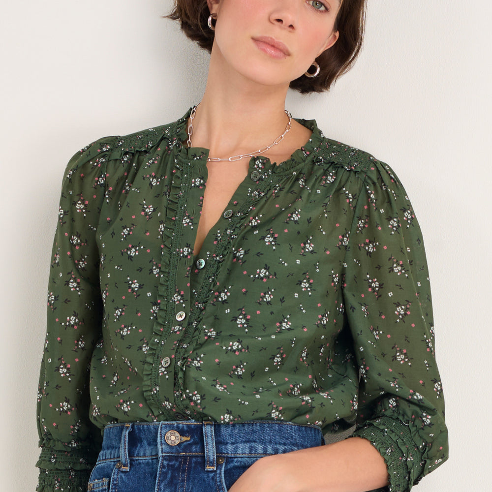 Maeve Silk Blend Blouse - Deep Olive Sprig Floral