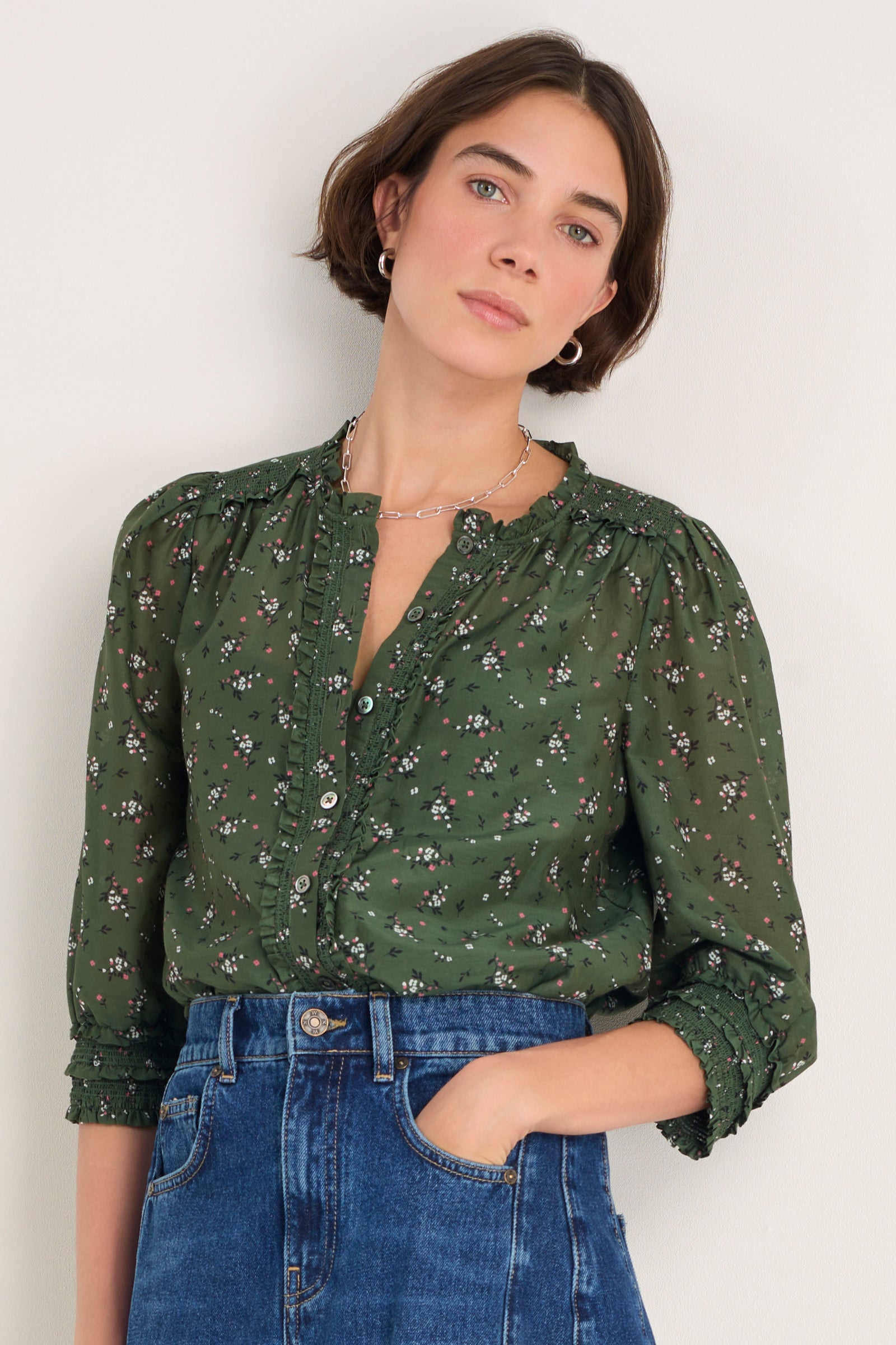 Maeve Silk Blend Blouse - Deep Olive Sprig Floral