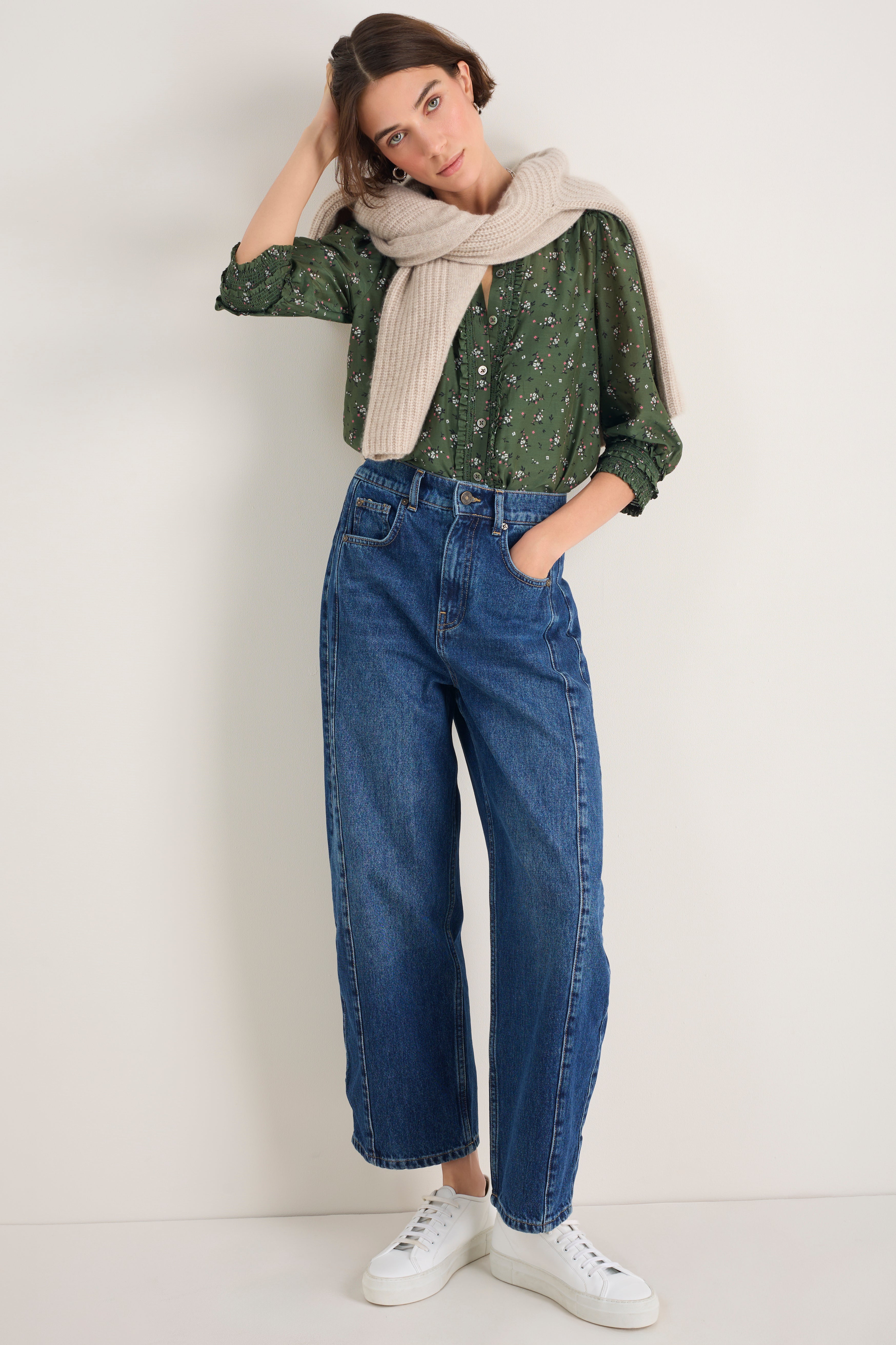 Maeve Silk Blend Blouse - Deep Olive Sprig Floral