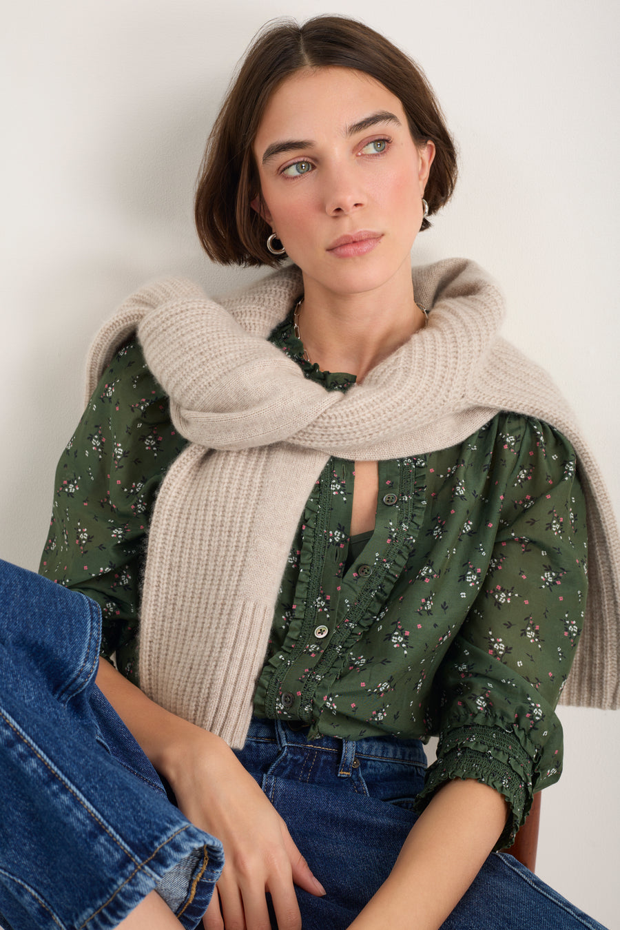 Maeve Silk Blend Blouse - Deep Olive Sprig Floral