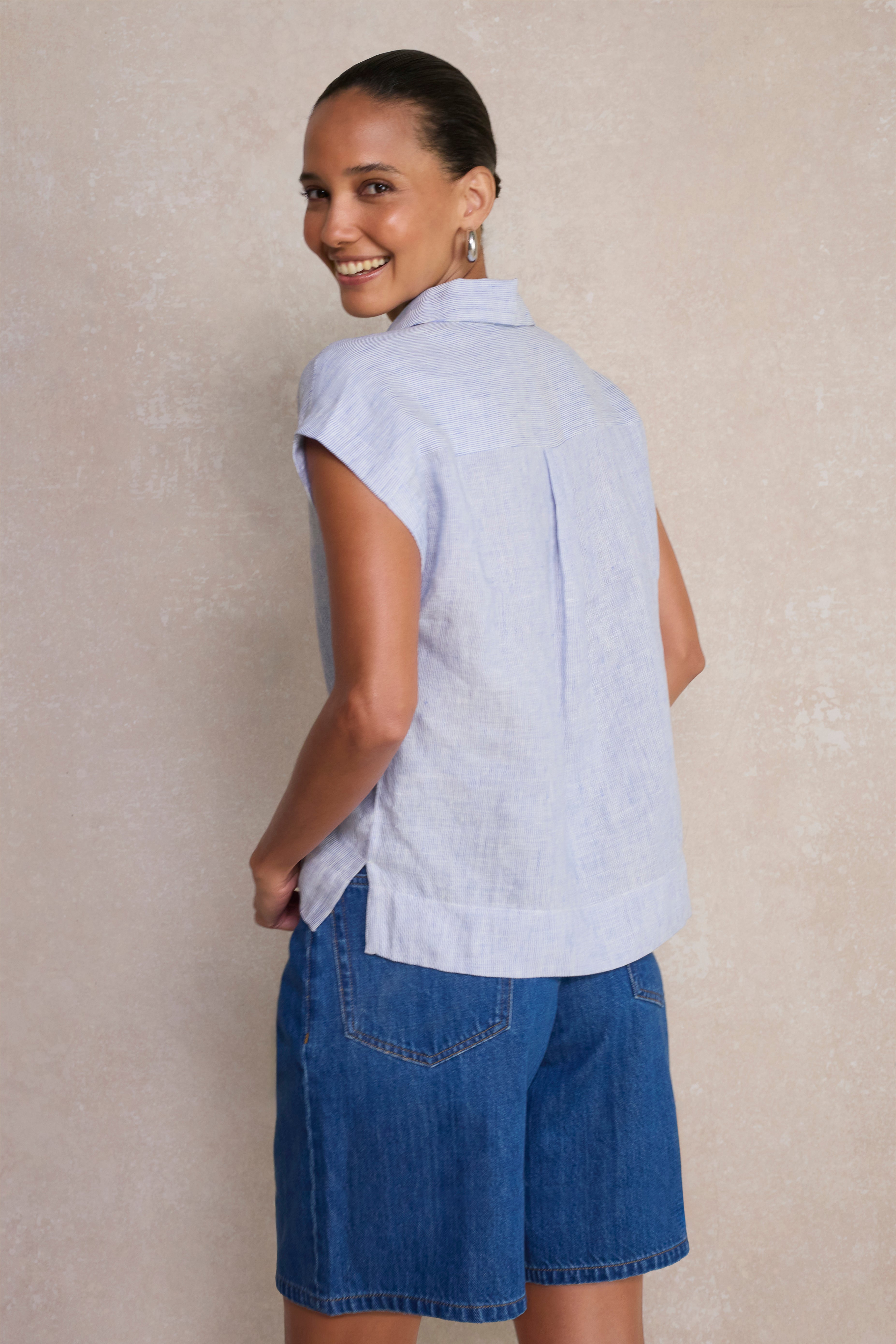 Marina Linen Top - Blue/Ivory Stripe
