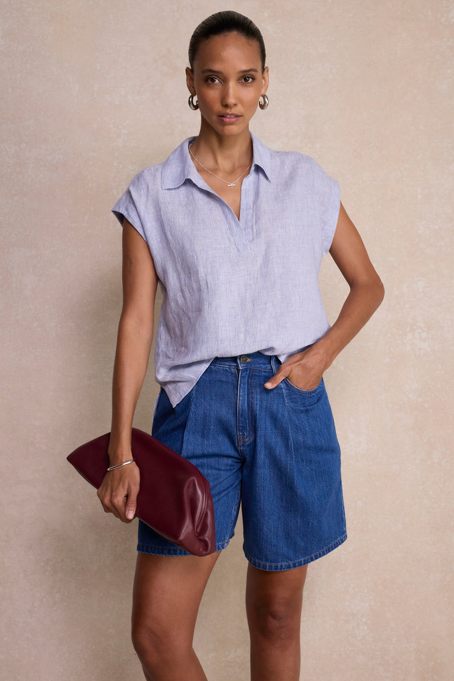 Lula Pleat Front Denim Long Short - Mid Wash