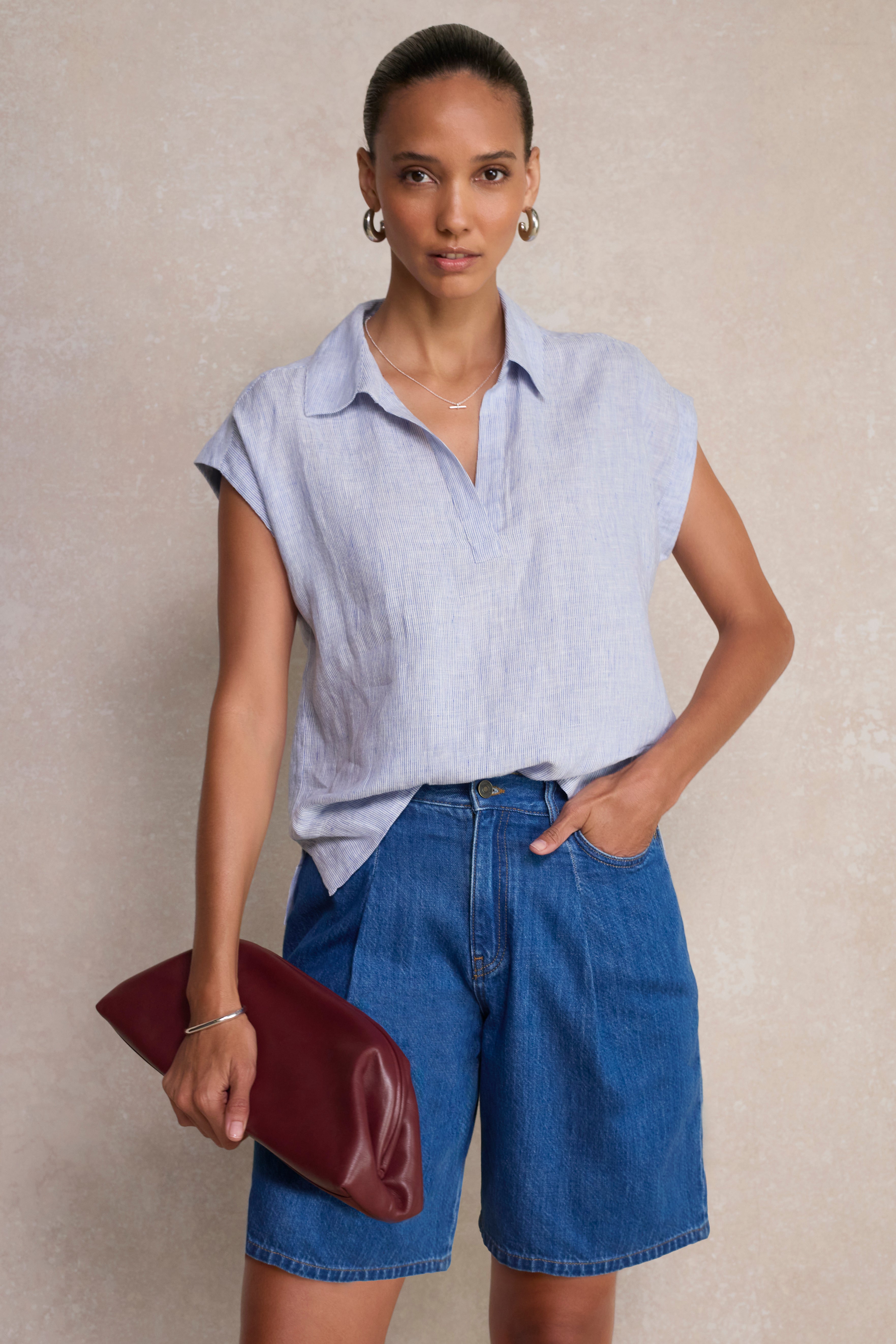 Marina Linen Top - Blue/Ivory Stripe