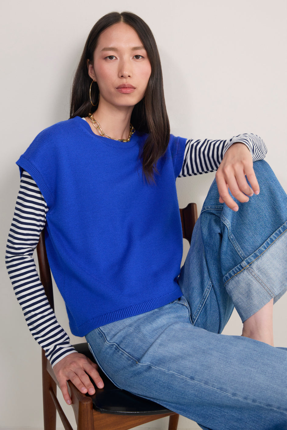 Marnie Long Sleeve Jersey Scoop Top - Midnight/Ivory Stripe