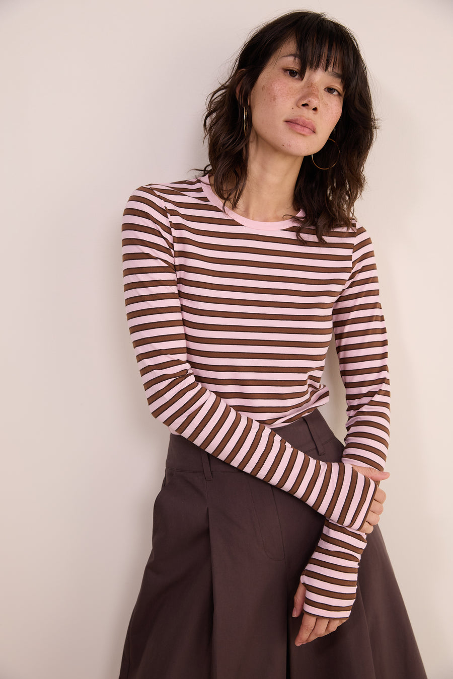 Marnie Long Sleeve Jersey Top - Blush Pink/Toffee Stripe