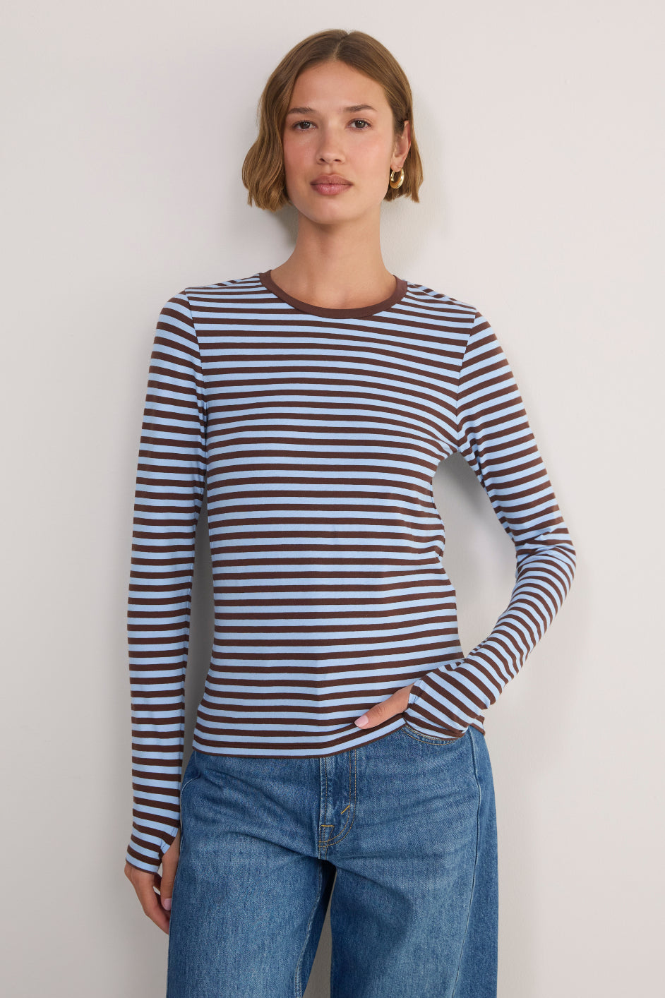 Marnie Long Sleeve Jersey Top - Chocolate/Sky Blue Stripe