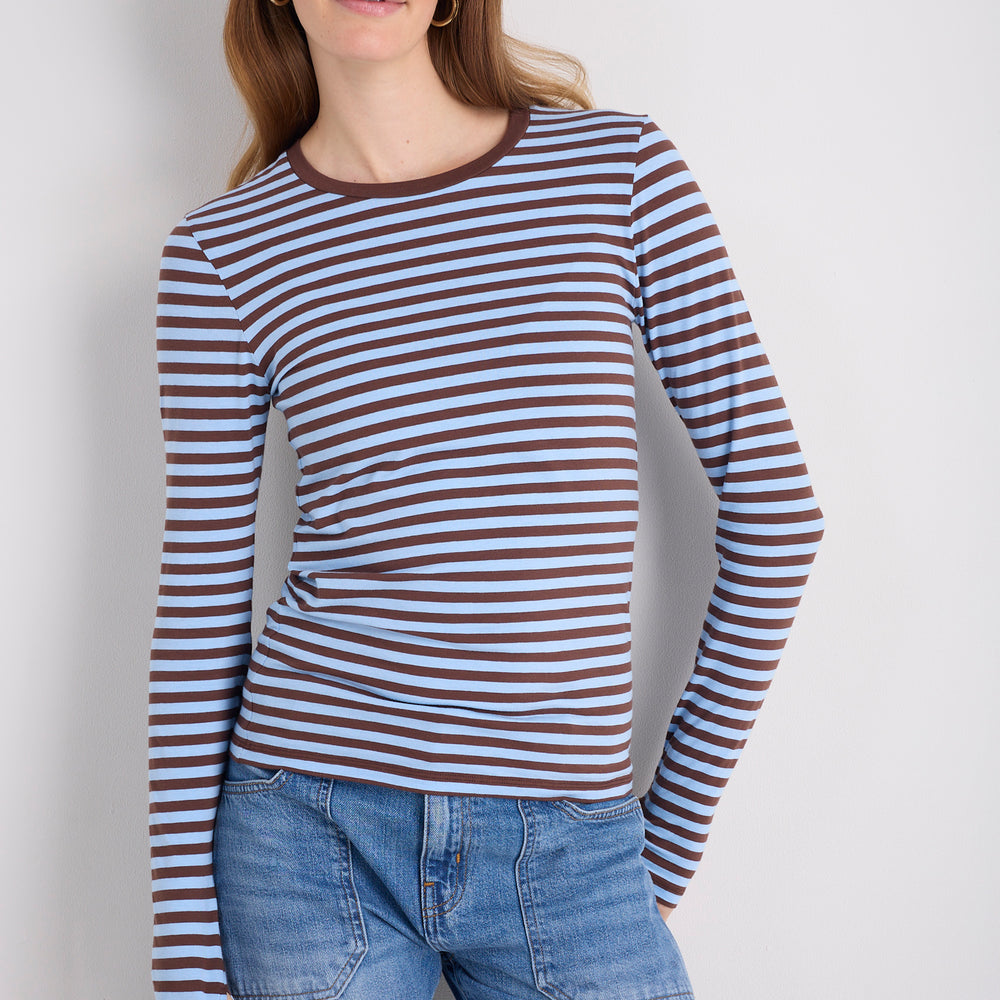 Marnie Long Sleeve Jersey Top - Chocolate/Sky Blue Stripe