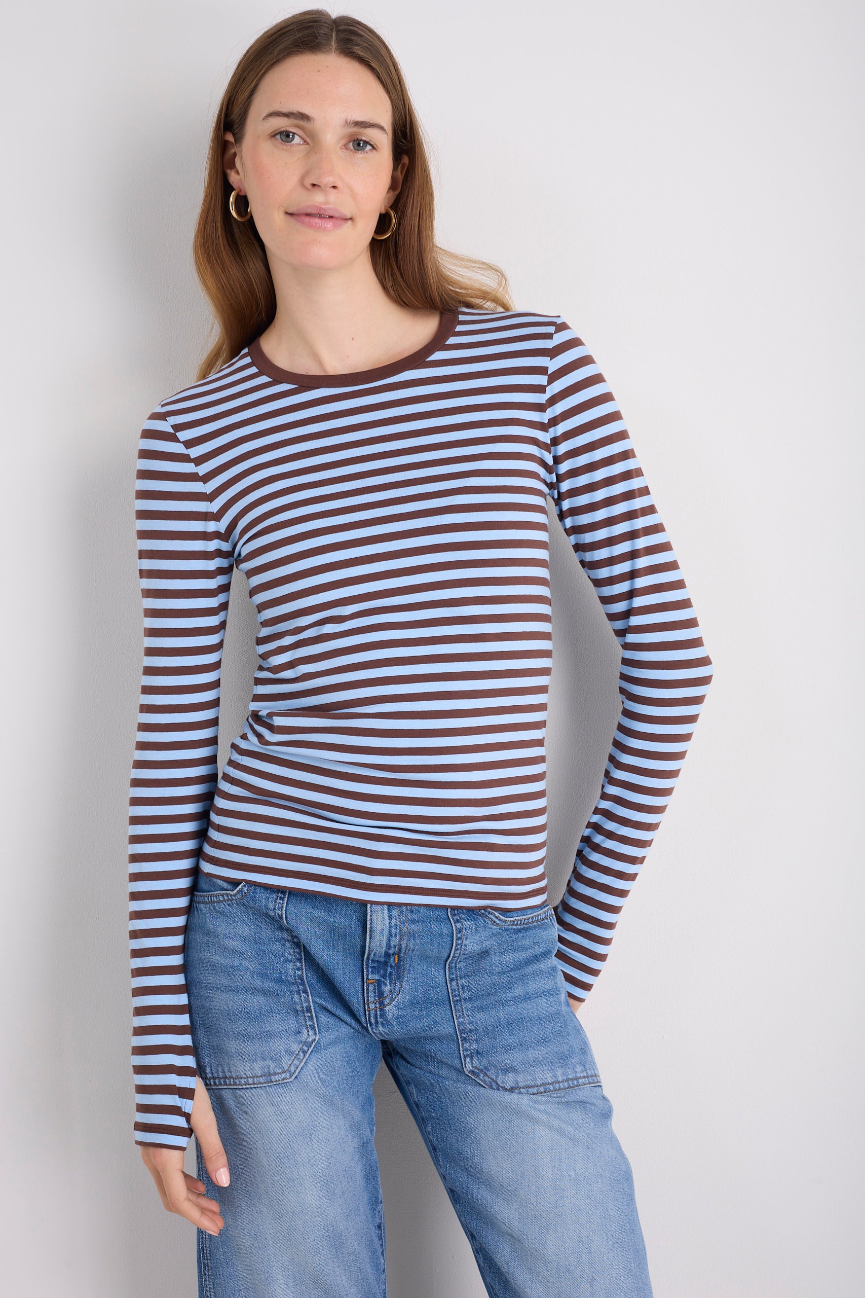 Marnie Long Sleeve Jersey Top - Chocolate/Sky Blue Stripe