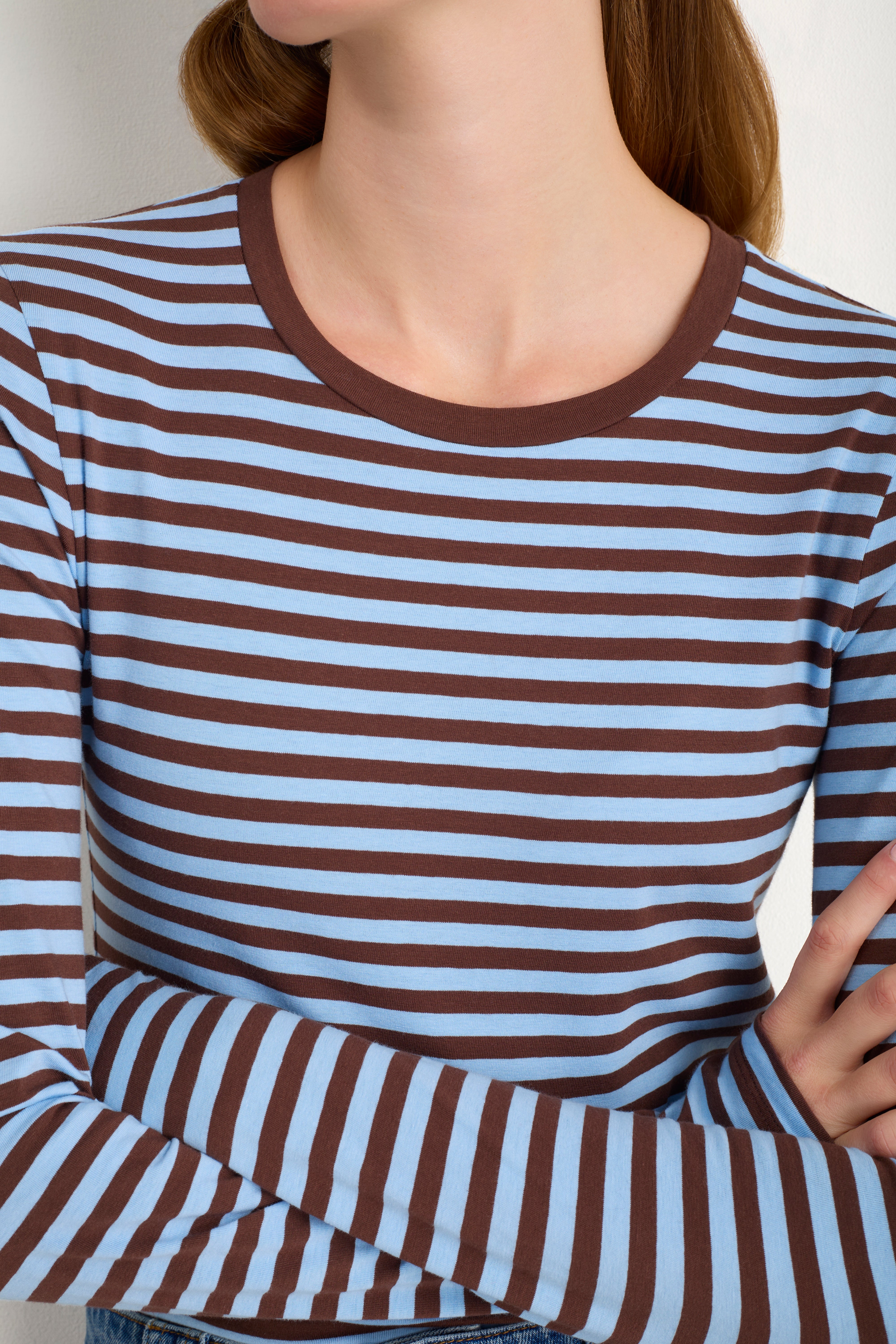 Marnie Long Sleeve Jersey Top - Chocolate/Sky Blue Stripe