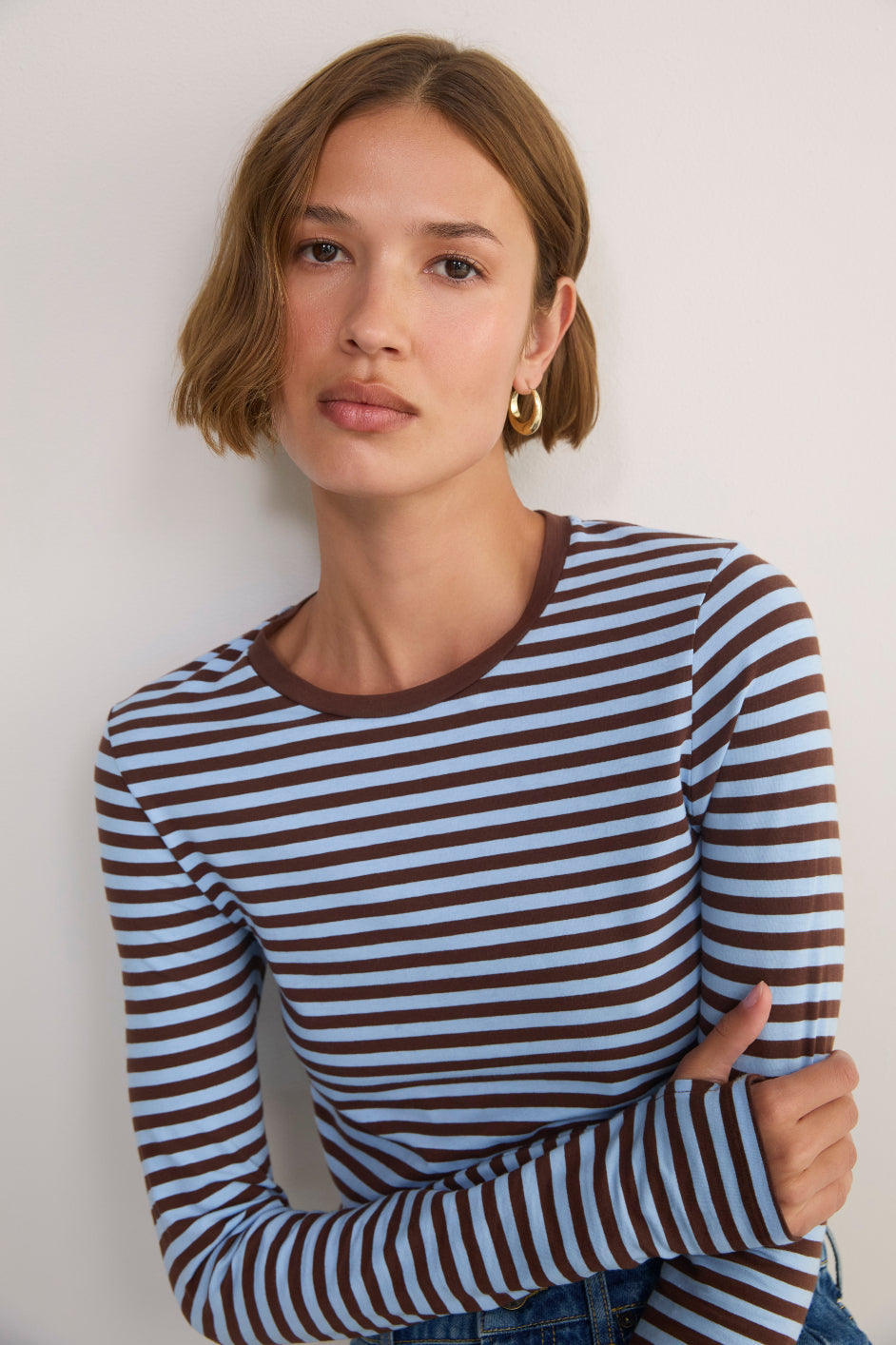 Marnie Long Sleeve Jersey Top - Chocolate/Sky Blue Stripe