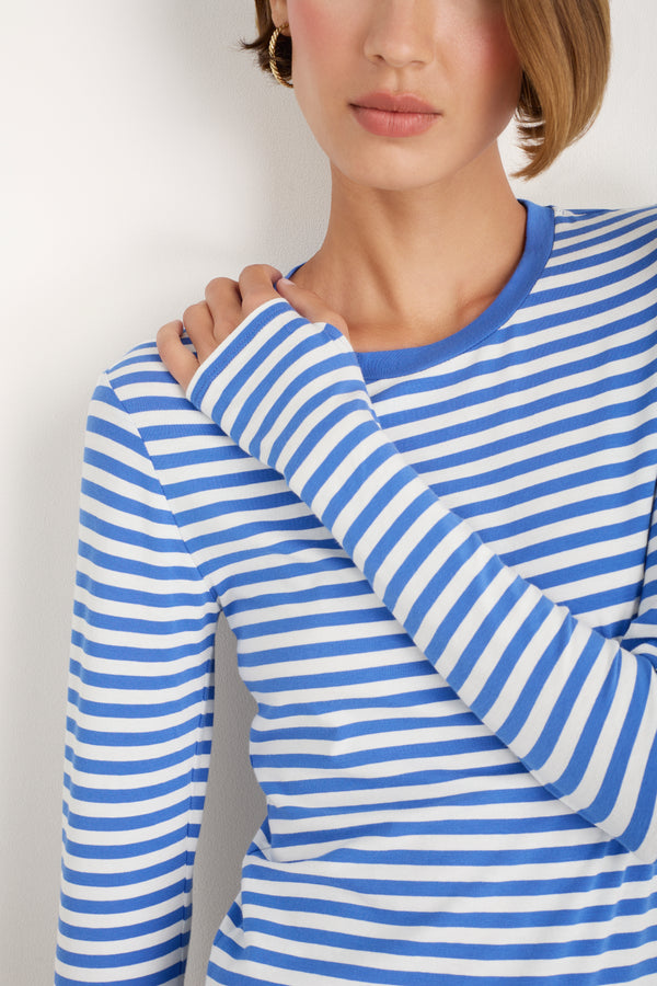 Close up showing the thumb hole detail on the long sleeve striped jersey top