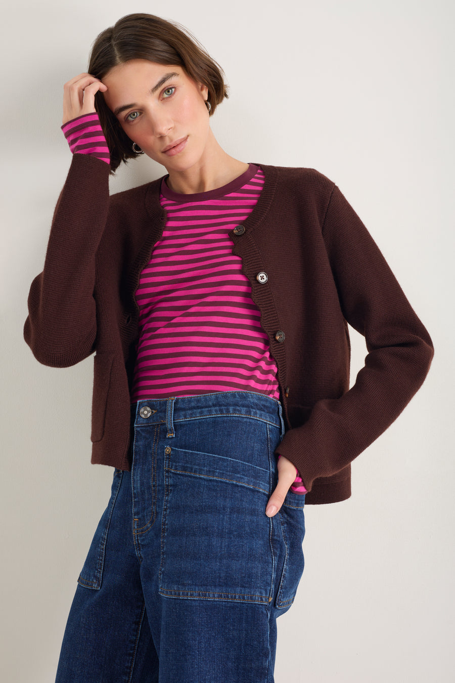 Marnie Long Sleeve Jersey Top - Deep Fig/Pink Stripe