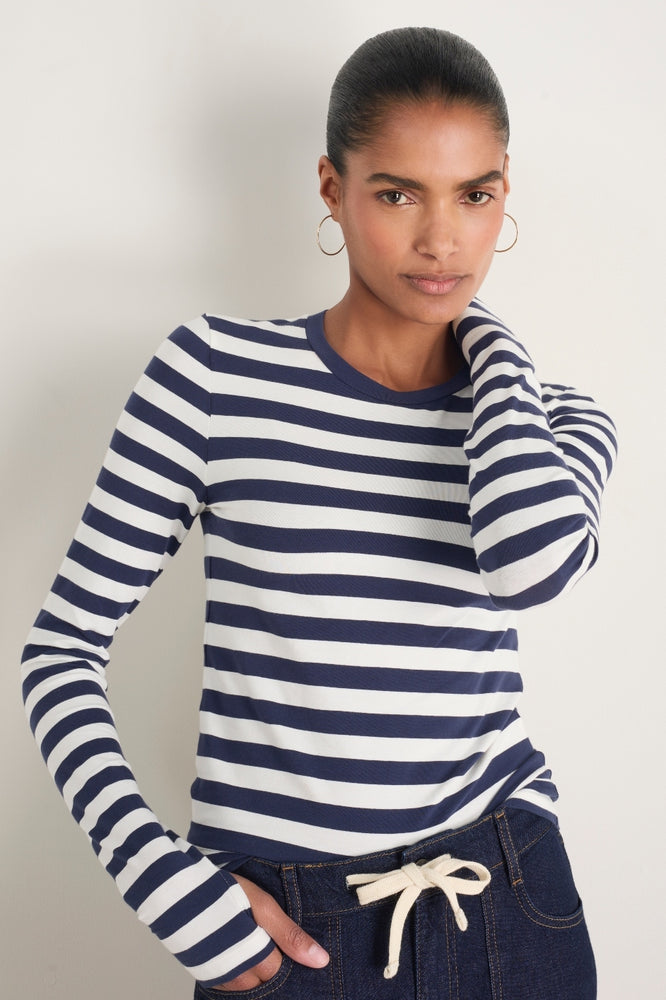 Marnie Long Sleeve Jersey Top - Midnight/Ivory Stripe