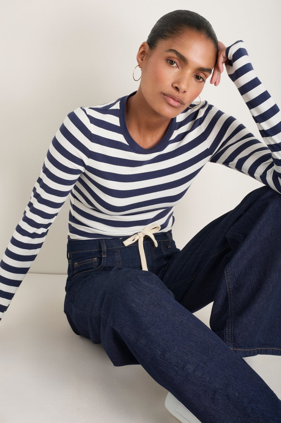 Marnie Long Sleeve Jersey Top - Midnight/Ivory Stripe