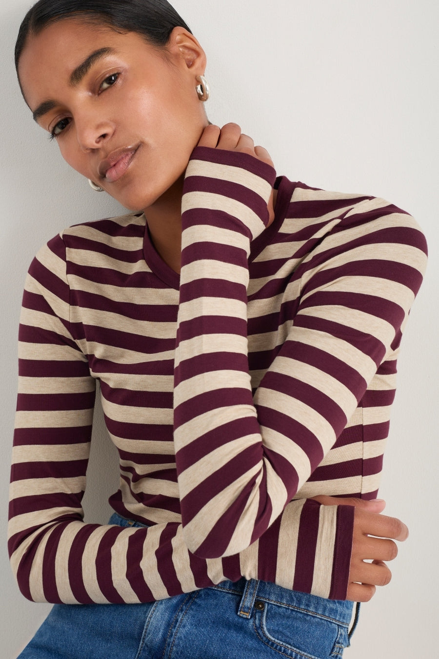 Marnie Long Sleeve Jersey Top - Oat/Deep Fig Stripe