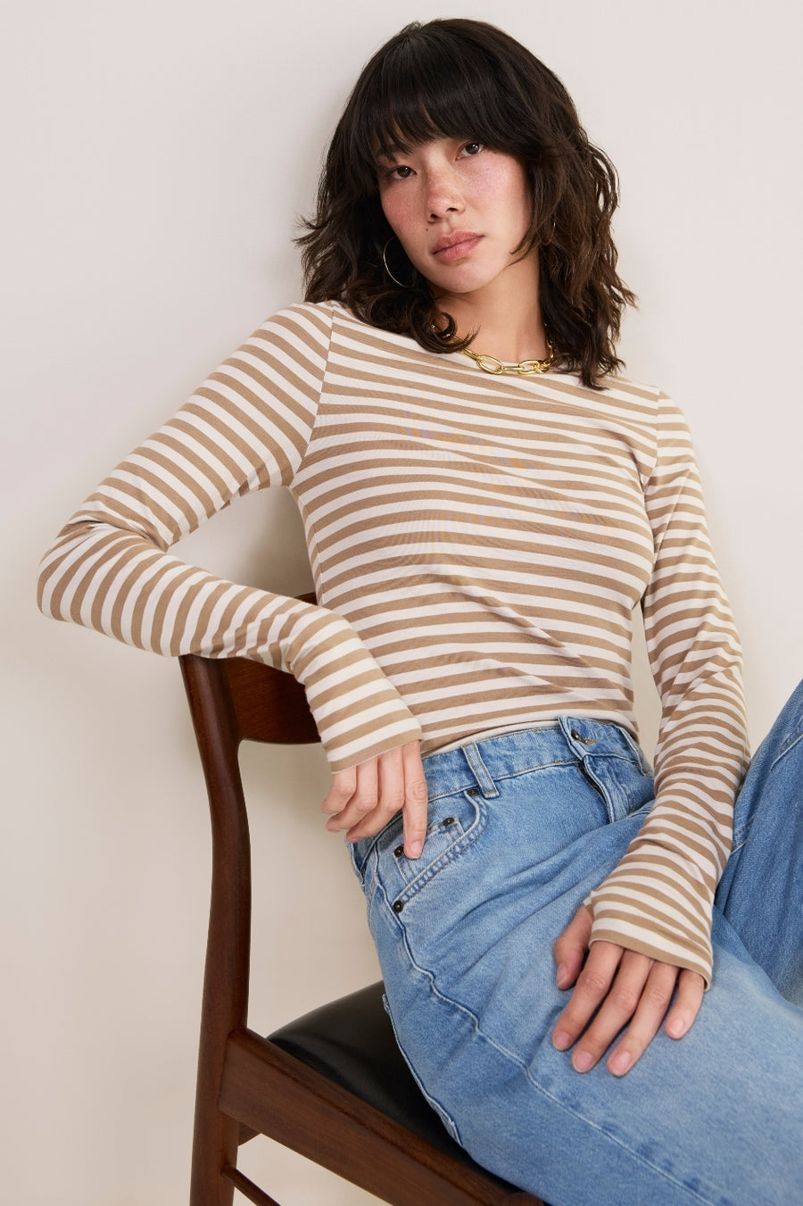 Marnie Long Sleeve Jersey Top - Oat/Ivory Stripe
