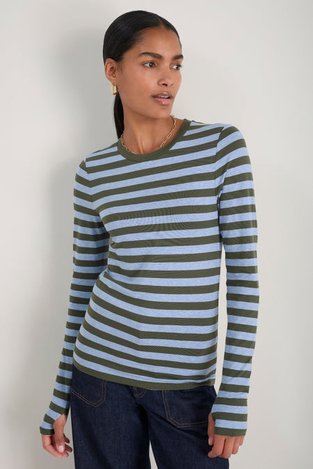 Marnie Long Sleeve Jersey Top - Denim Blue/Olive Stripe