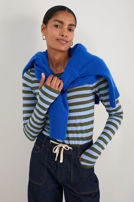 Marnie Long Sleeve Jersey Top - Denim Blue/Olive Stripe
