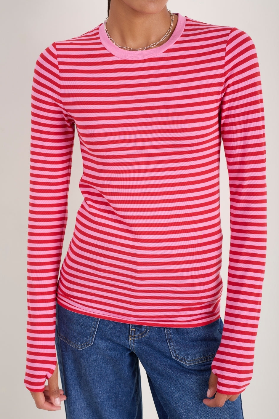 Marnie Long Sleeve Jersey Top - Pink/Red Micro Stripe