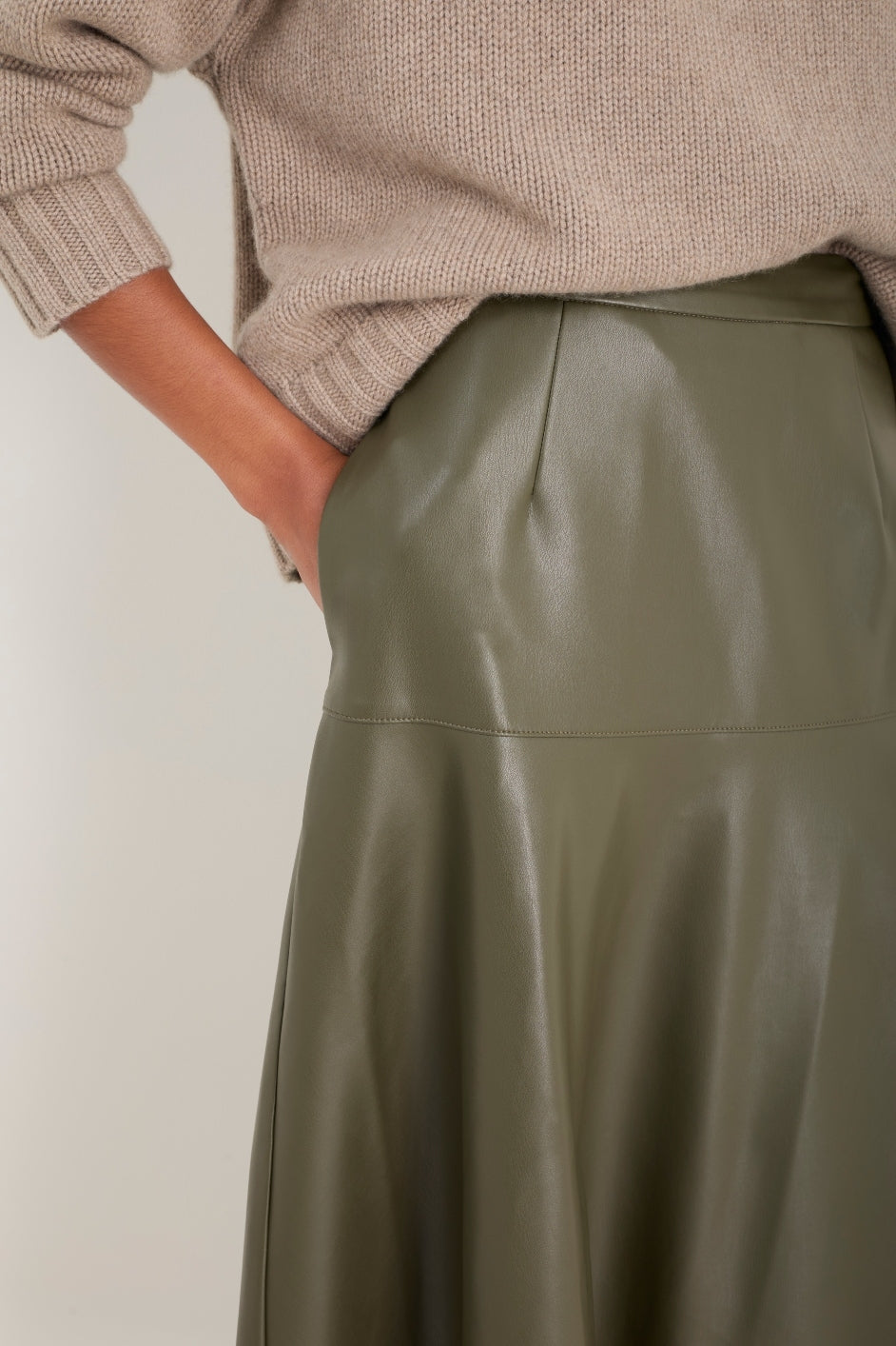 Faux leather olive green A-line skirt
