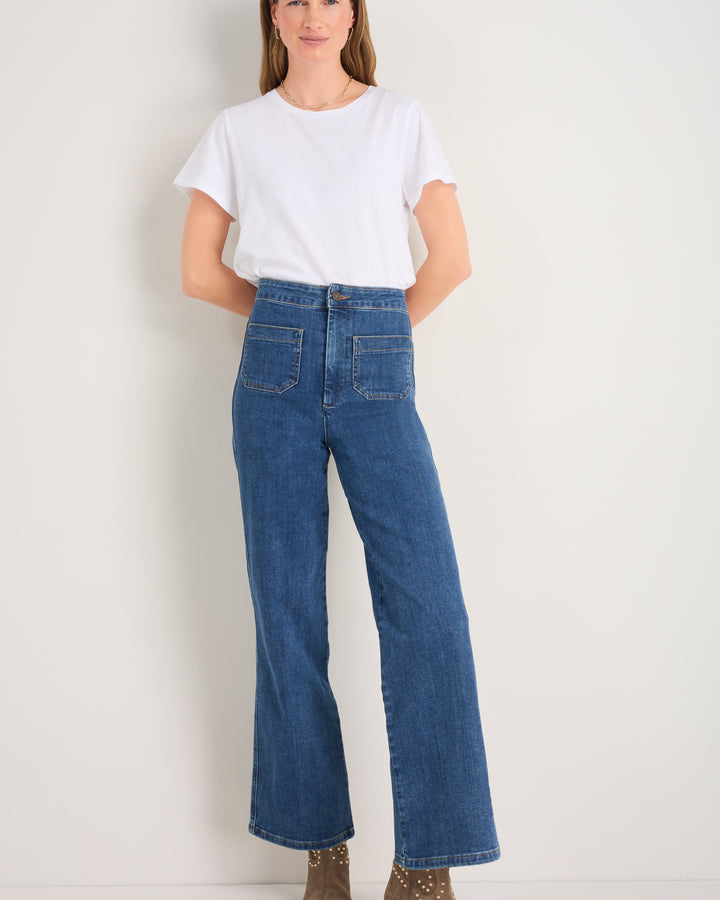 Mollie Patch Pocket Flare Jean - Mid Wash