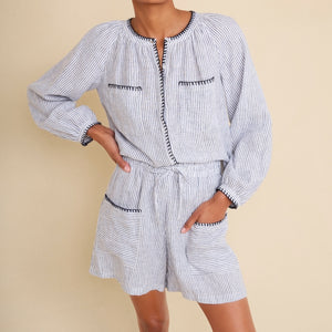Monica Linen Short - Ivory/Blue Stripe