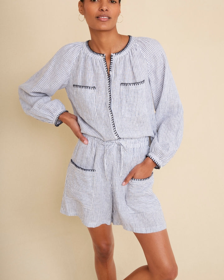 Monica Linen Short - Ivory/Blue Stripe