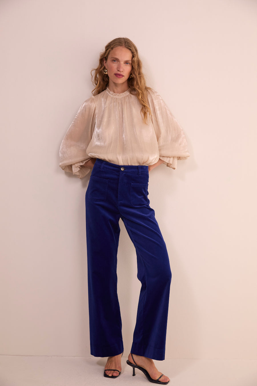 Nina Cotton Velvet Flare Trouser - Maritime Blue