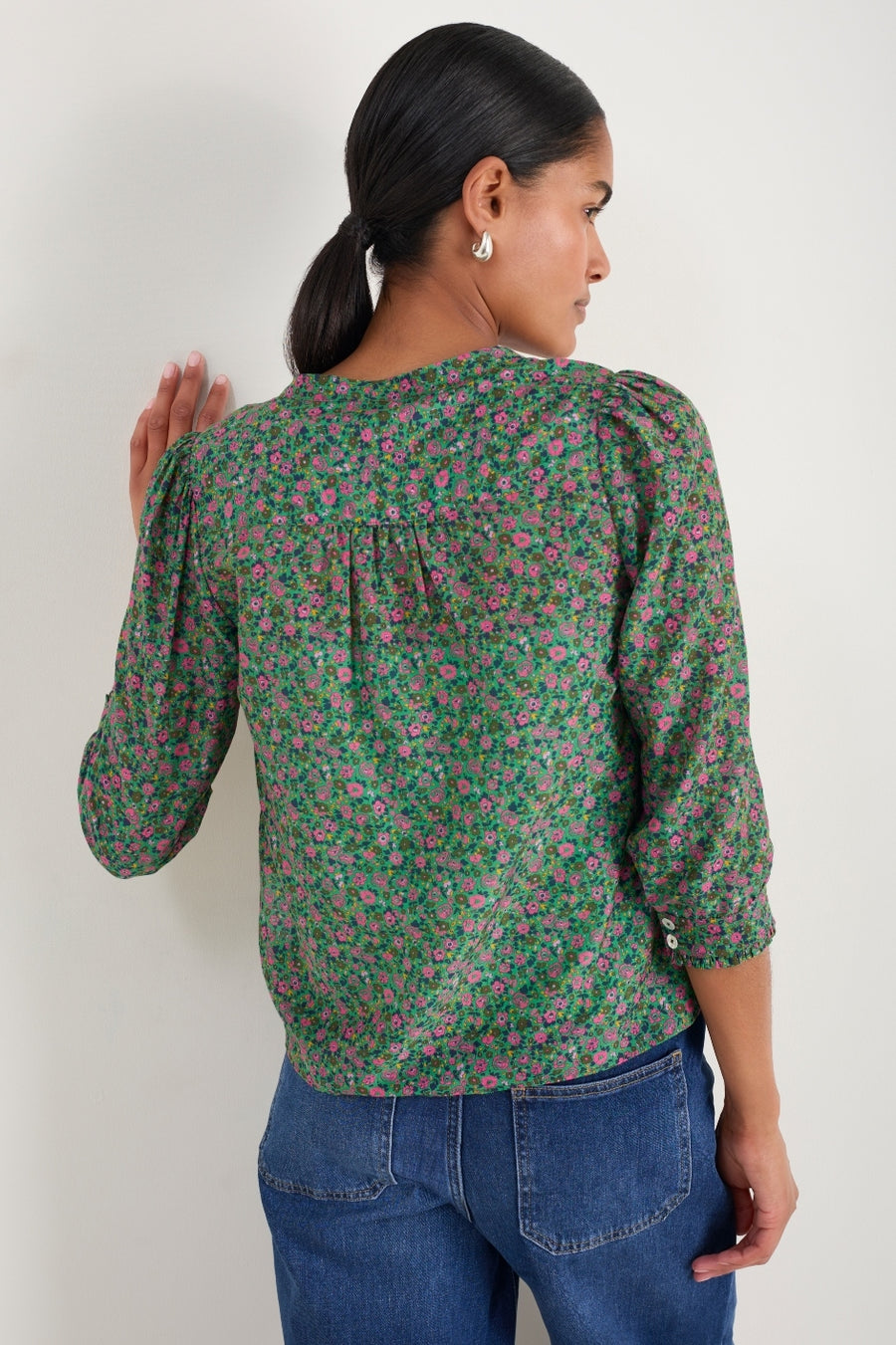 Noah 3/4 Sleeve Blouse - Jade Green Garden Floral