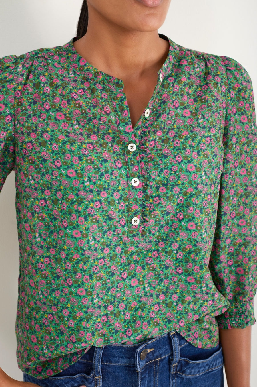 Noah 3/4 Sleeve Blouse - Jade Green Garden Floral