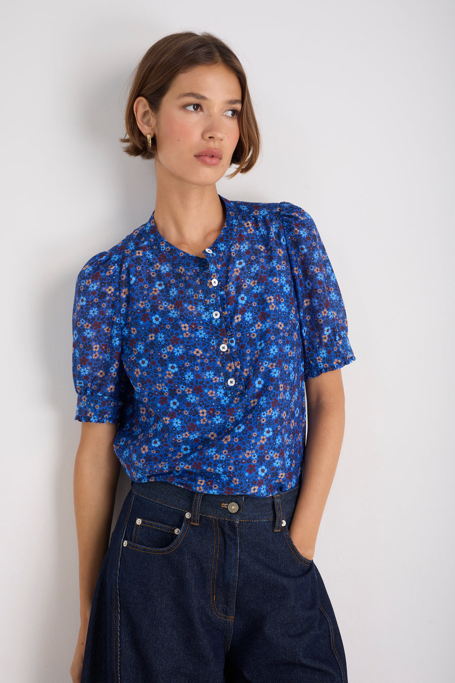 Noah Silk Blend Blouse - Cobalt Retro Ditsy