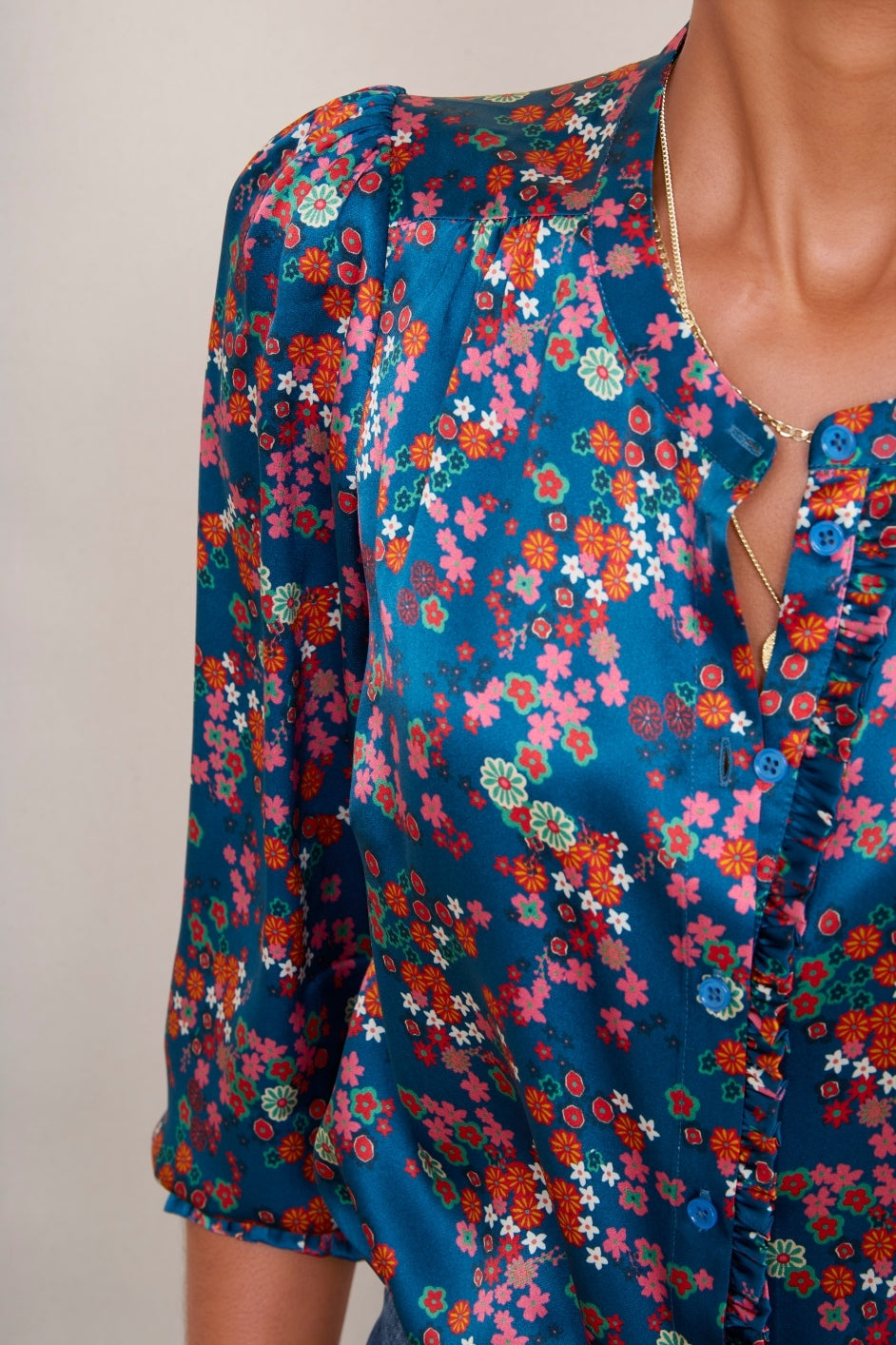 Norah Silk Blouse - Pink Blue Floral