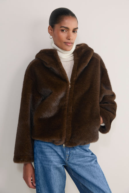 Nova Hooded Faux Fur Coat - Chocolate