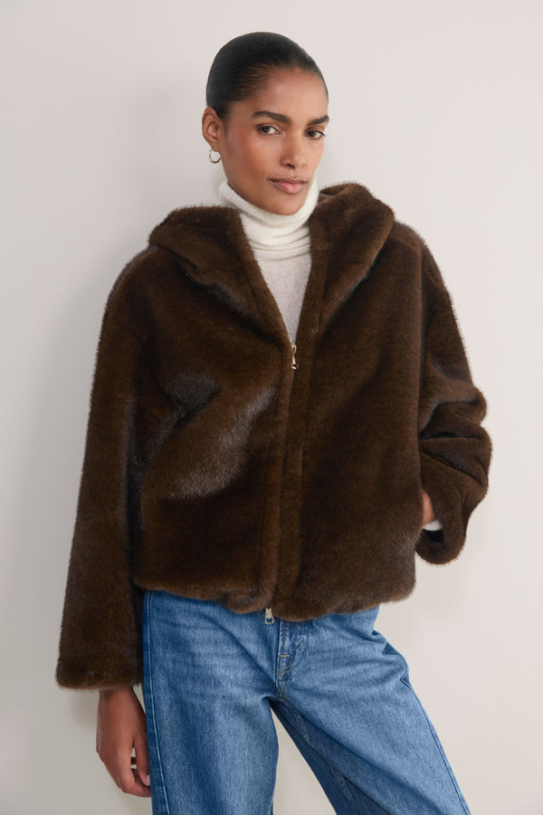 Nova Hooded Faux Fur Coat - Chocolate