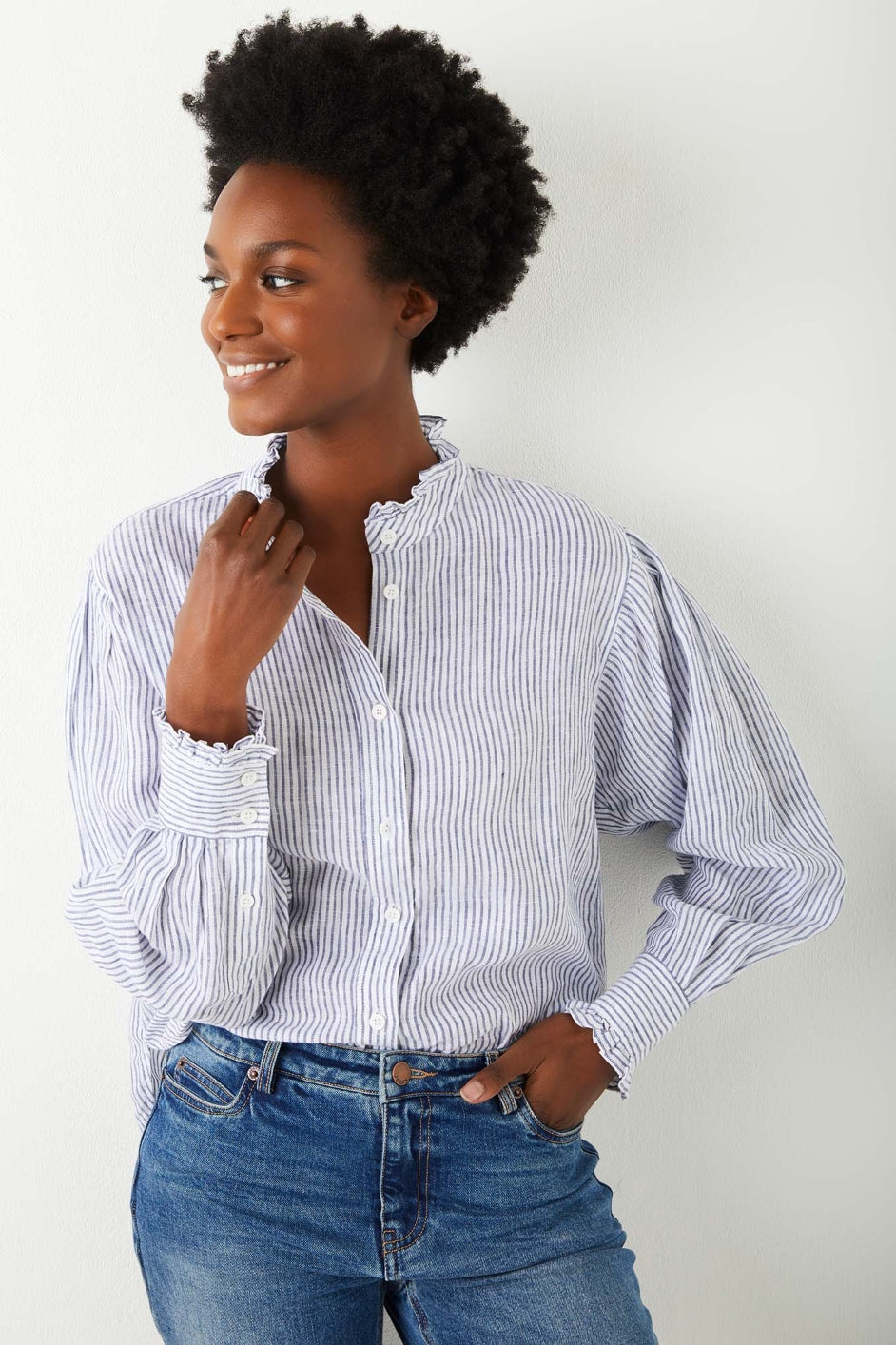 Paris Linen Stripe Frill Shirt - White/Blue – WYSE London