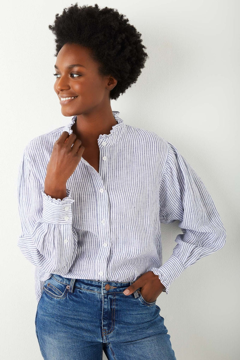 Paris Linen Stripe Frill Shirt - White/Blue