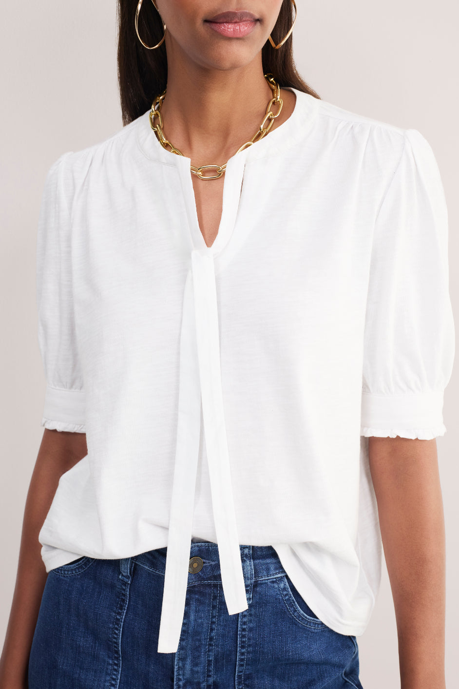 Paulina Jersey Tie Neck T-Shirt - White