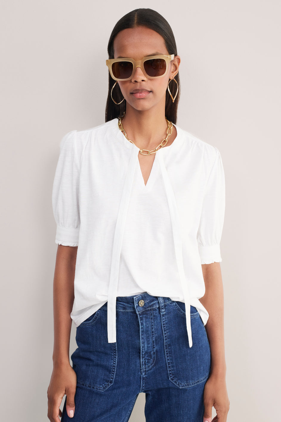 Paulina Jersey Tie Neck T-Shirt - White
