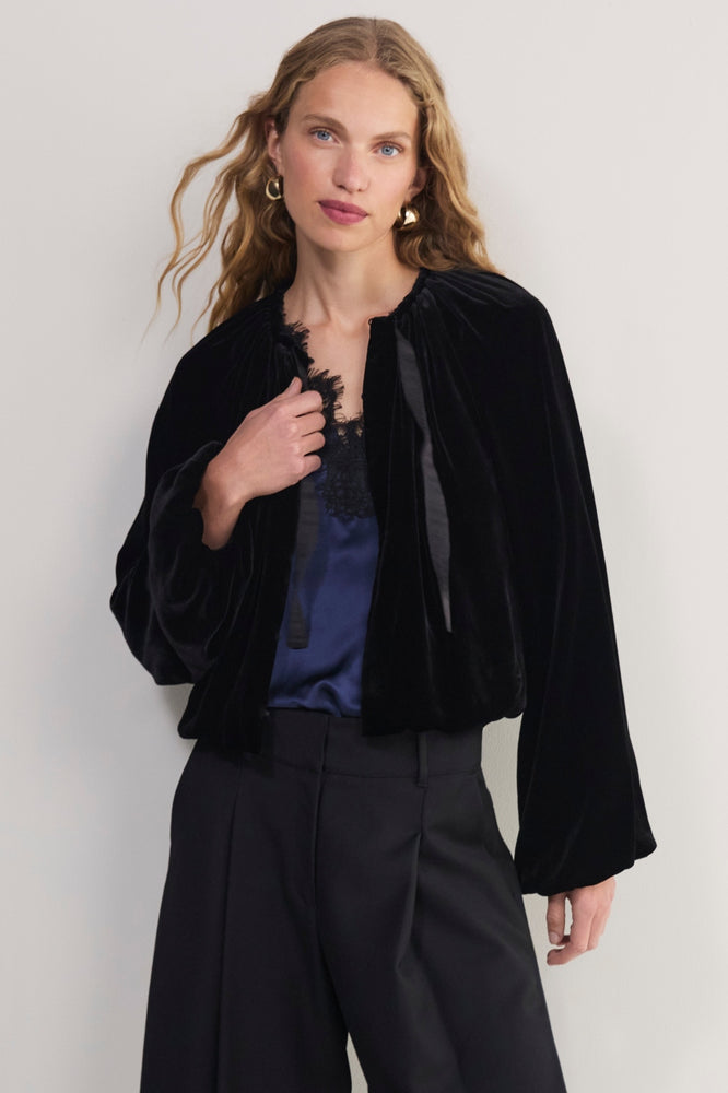 Penelope Silk Velvet Puffball Jacket - Black